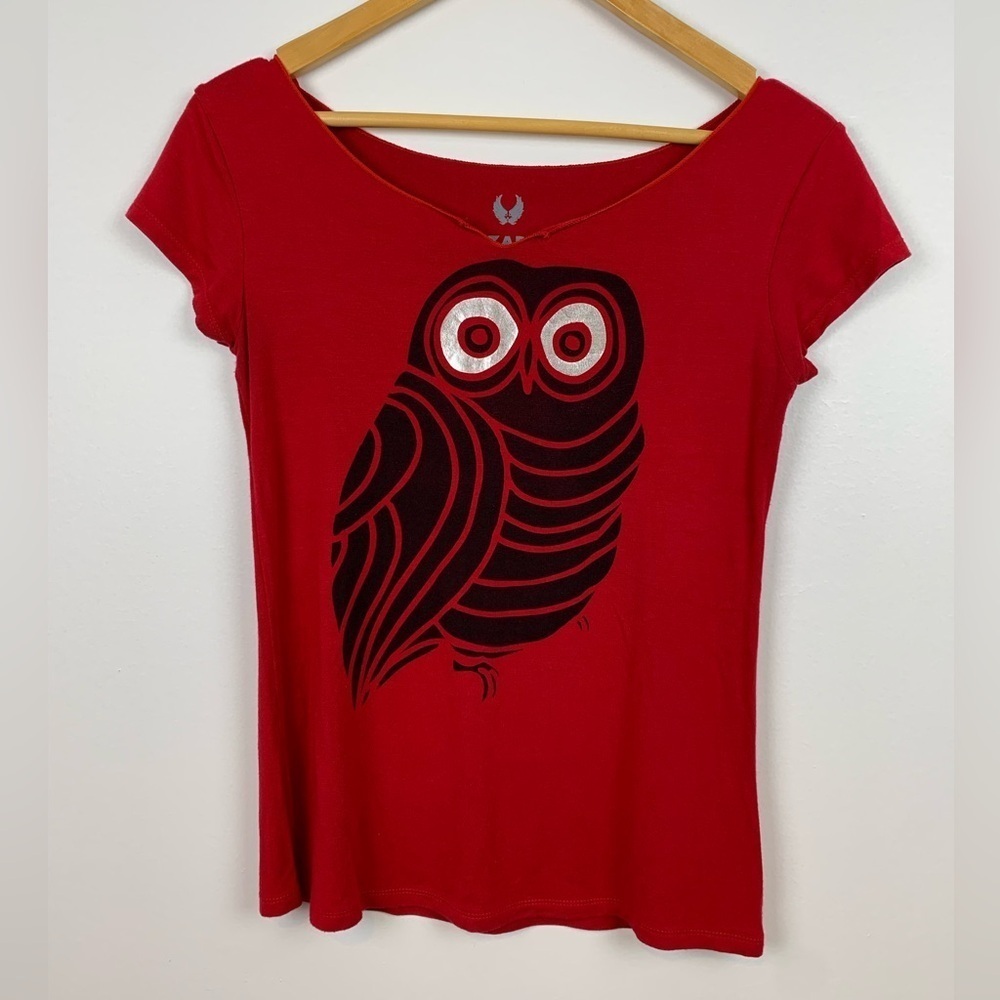 Y2K 00s Top T-shirt Women’s Red Owl Silver Eyes Size Medium Whimsical Zap